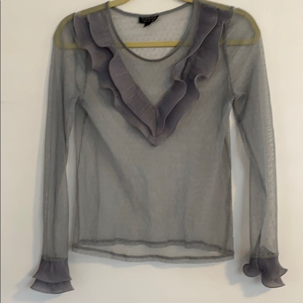 Top Shop Women's Grey Long Sleeve Sheer Spot Mesh Ruffle Blouse Sz 4